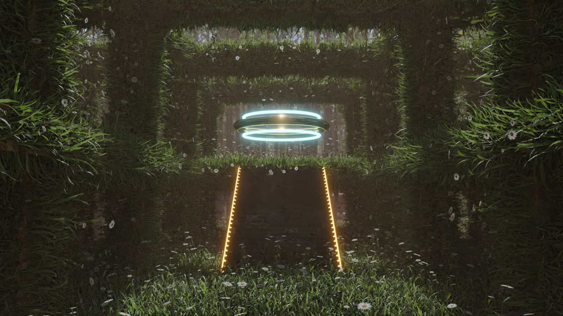 3D render of a glowing sci-fi ring hovering in a maze made of grass and wildflowers