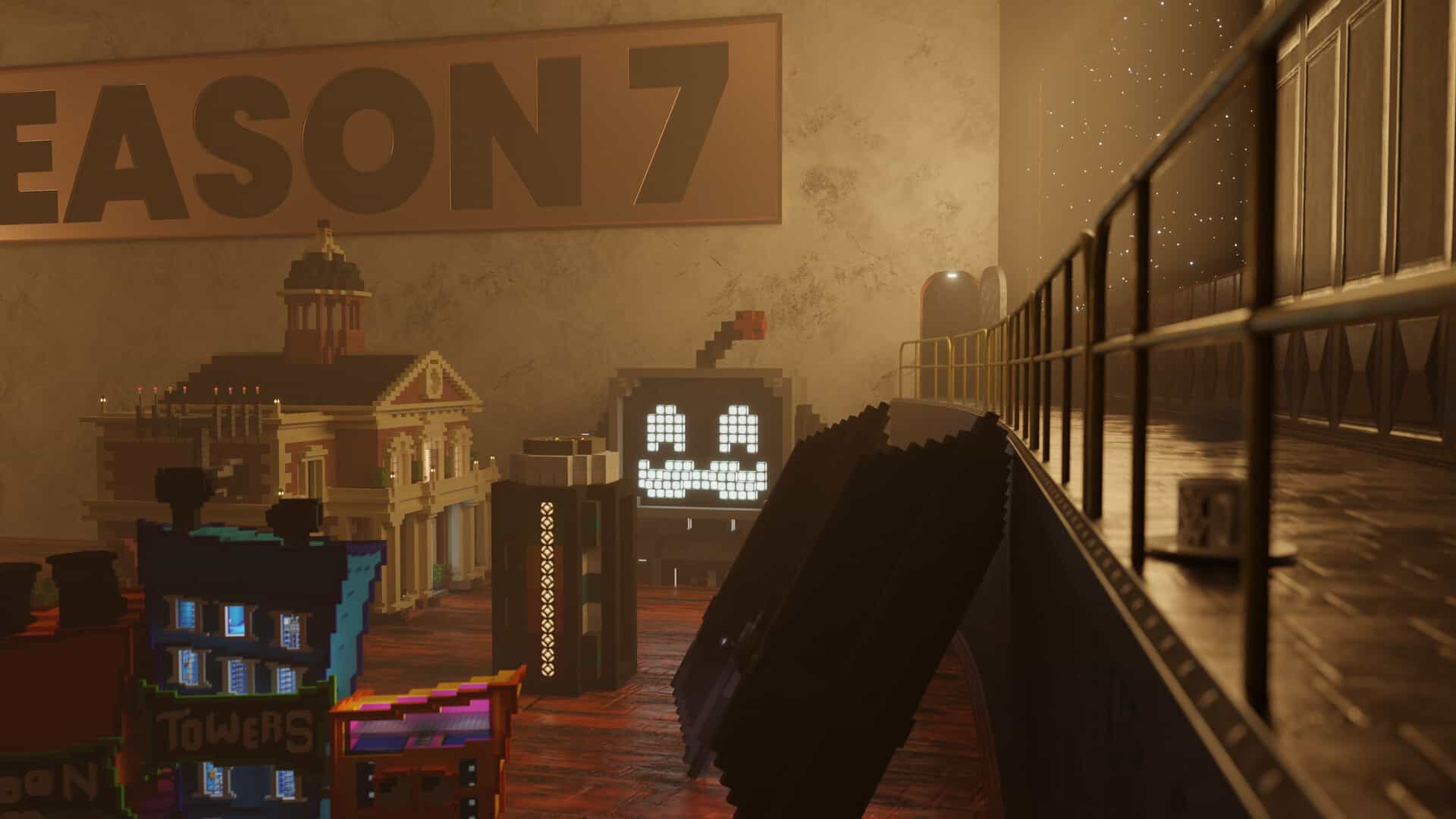3D render of a scene with voxel-art buildings and a large robot with a smiling face, under a sign that reads SEASON 7