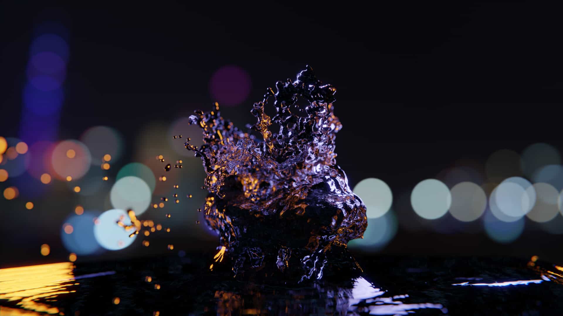 Abstract 3D render of a liquid splash with city lights bokeh in the background